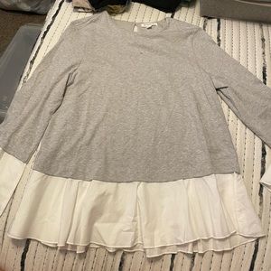 Gray sweater with faux white shirt at bottom and sleeves